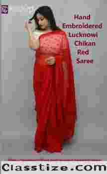 For Sale: Hand Embroidered Lucknowi Chikan Red Saree