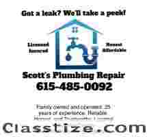 Got a leak? We’ll take a peek! Call Scott’s Plumbing Repair today! 615 485 0092