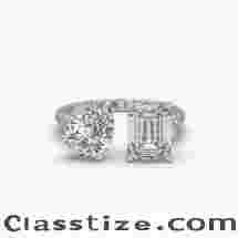 Pear and Emerald Cut Moissanite 18k Toi Et Moi Ring with Split-Pavé Band Goldhartz