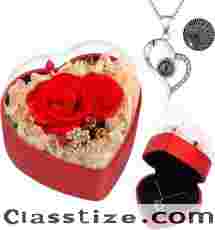 Eternal Roses Flower Gifts Preserved Rose with Heart Necklace